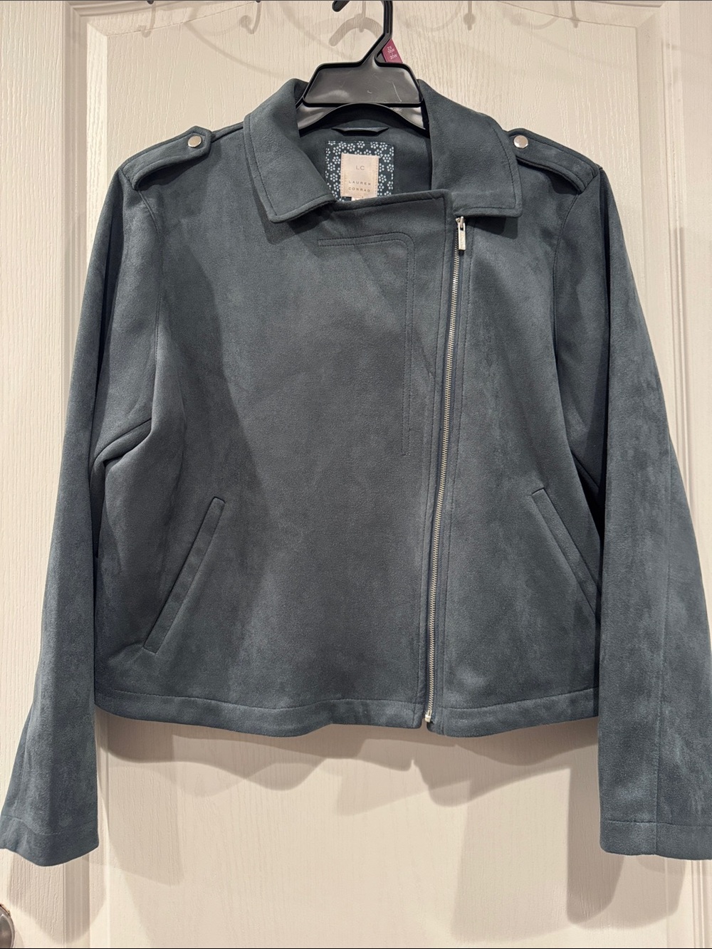 LC Lauren Conrad XXL Blue Gray Faux Suede Moto Jacket